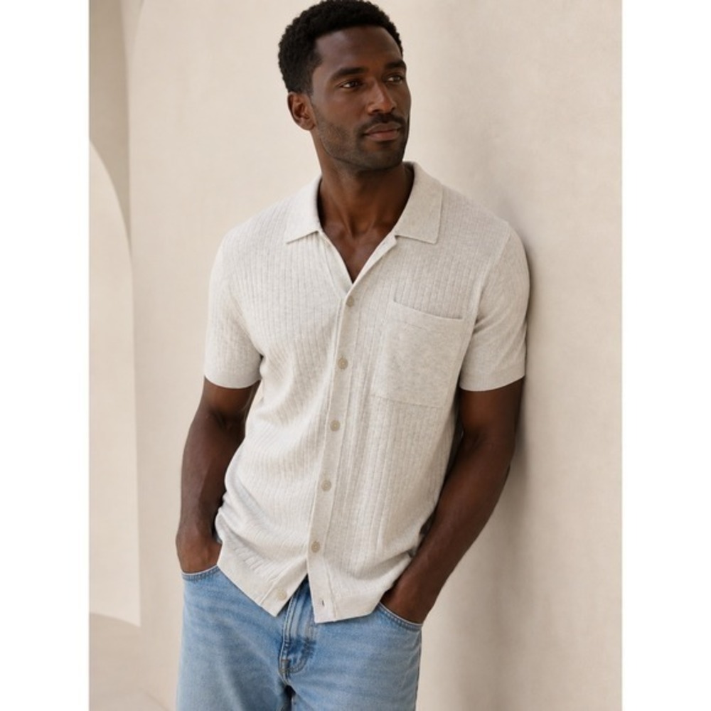 Old Navy Men's Rib Knit Button Front Sweater Polo Top Heather Gray Medium